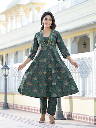 Green Cotton Floral Print & Gota Patti Detailing A Line Suit Set with Dupatta