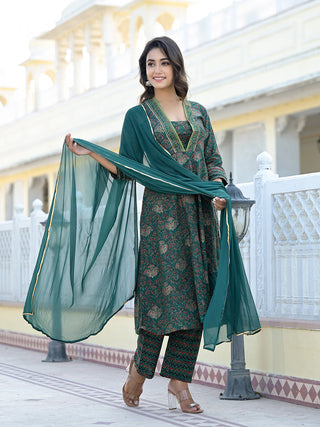 Green Cotton Floral Print & Gota Patti Detailing A Line Suit Set with Dupatta