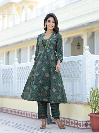 Green Cotton Floral Print & Gota Patti Detailing A Line Suit Set with Dupatta