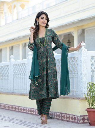 Green Cotton Floral Print & Gota Patti Detailing A Line Suit Set with Dupatta