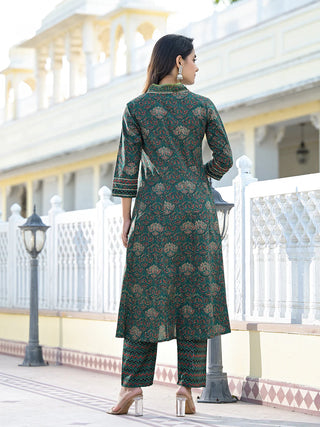 Green Cotton Floral Print & Gota Patti Detailing A Line Suit Set with Dupatta