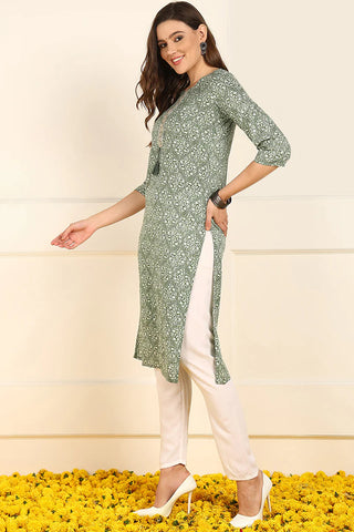 Green Cotton Ethnic Motif Printed Straight Shape Kurta