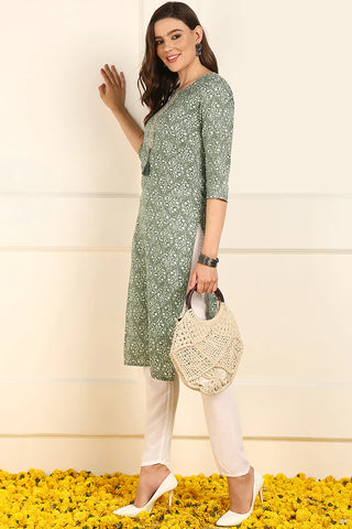 Green Cotton Ethnic Motif Printed Straight Shape Kurta