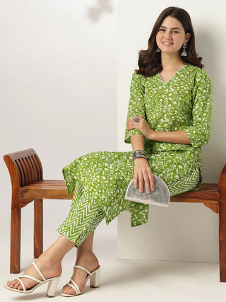 Green Pure Cotton Floral Print Straight Shape Kurta Bottom Set