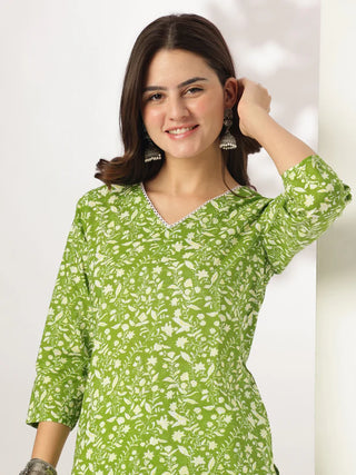 Green Pure Cotton Floral Print Straight Shape Kurta Bottom Set