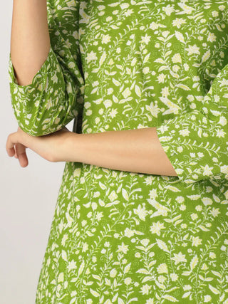 Green Pure Cotton Floral Print Straight Shape Kurta Bottom Set