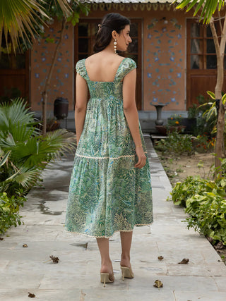 Green Cotton Leaf Print Midi Dress