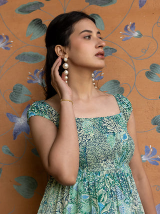 Green Cotton Leaf Print Midi Dress