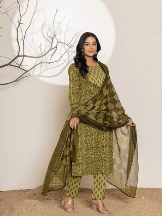 Mehendi Green Cotton Floral Print Straight Shape Suit Set with Voile Dupatta