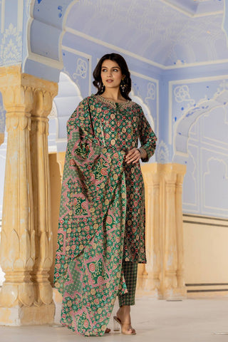 Green Cotton Blend Printed Suit Set with Dupatta