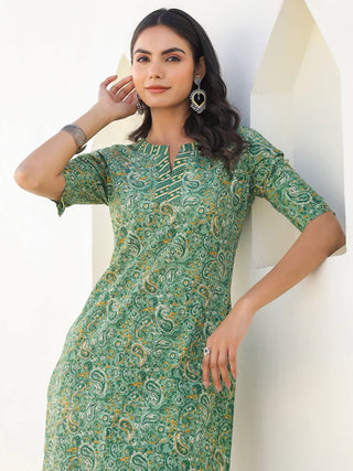 Green Pure Cotton Paisely Print Straight Shape Kurta Bottom Set
