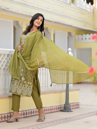 Olive Green Viscose Ethnic Motif Printed Suit Set with Dupatta