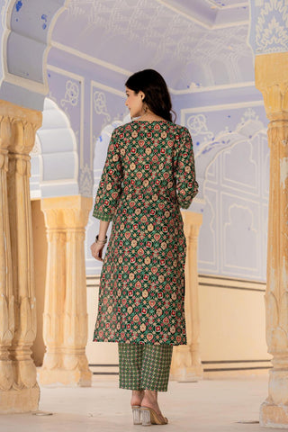 Green Cotton Blend Printed Suit Set with Dupatta