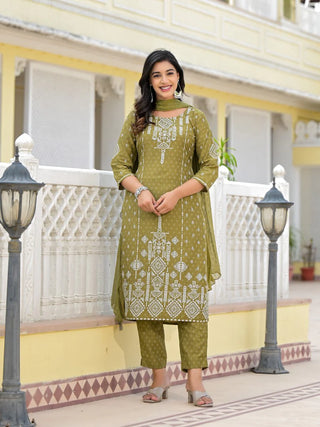 Olive Green Viscose Ethnic Motif Printed Suit Set with Dupatta