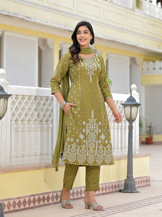 Olive Green Viscose Ethnic Motif Printed Suit Set with Dupatta