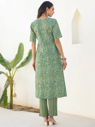 Green Pure Cotton Paisely Print Straight Shape Kurta Bottom Set