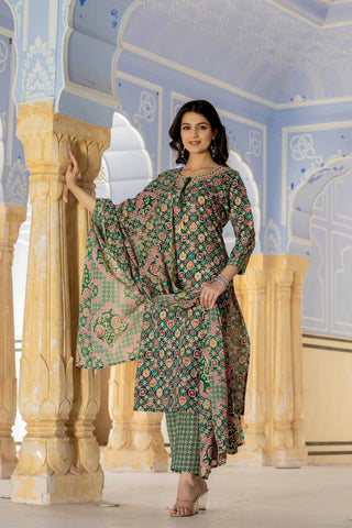 Green Cotton Blend Printed Suit Set with Dupatta