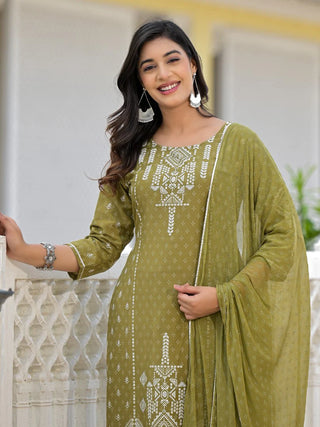 Olive Green Viscose Ethnic Motif Printed Suit Set with Dupatta