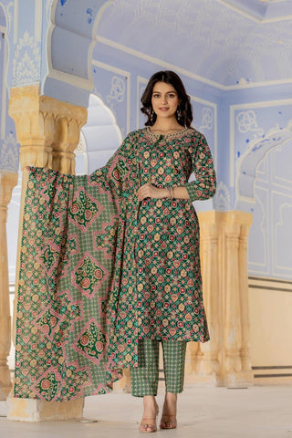 Green Cotton Blend Printed Suit Set with Dupatta