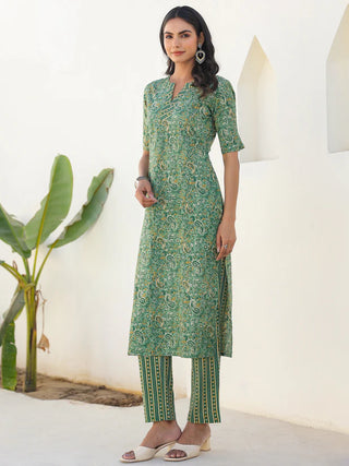 Green Pure Cotton Paisely Print Straight Shape Kurta Bottom Set