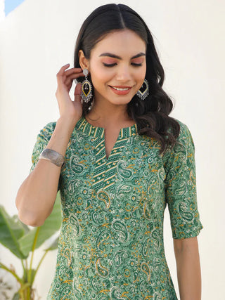Green Pure Cotton Paisely Print Straight Shape Kurta Bottom Set