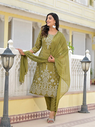 Olive Green Viscose Ethnic Motif Printed Suit Set with Dupatta