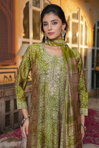 Green Silk Blend Floral Print & Embroidered Straight Shape Suit Set with Dupatta