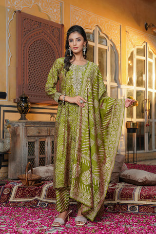 Green Silk Blend Floral Print & Embroidered Straight Shape Suit Set with Dupatta