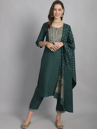 Green Cotton Blend Sequence Detailing Straight Shape Suit Set with Dupatta