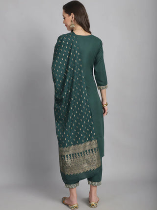 Green Cotton Blend Sequence Detailing Straight Shape Suit Set with Dupatta