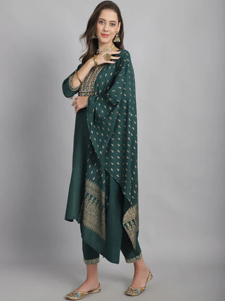 Green Cotton Blend Sequence Detailing Straight Shape Suit Set with Dupatta