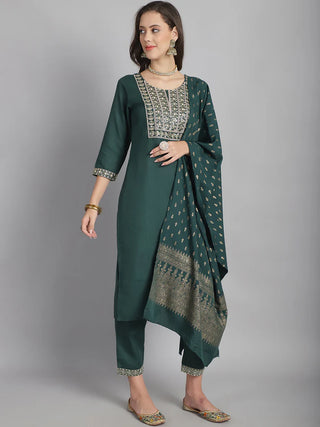 Green Cotton Blend Sequence Detailing Straight Shape Suit Set with Dupatta