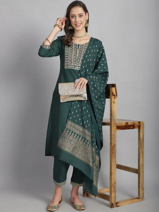 Green Cotton Blend Sequence Detailing Straight Shape Suit Set with Dupatta