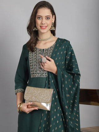 Green Cotton Blend Sequence Detailing Straight Shape Suit Set with Dupatta