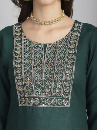 Green Cotton Blend Sequence Detailing Straight Shape Suit Set with Dupatta