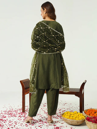 Green Silk Blend Suit Set with Embroidered Dupatta