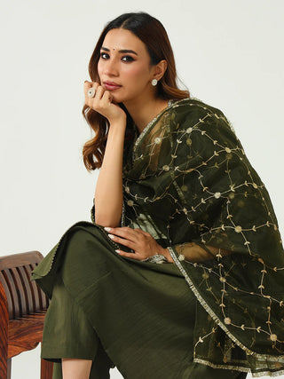 Green Silk Blend Suit Set with Embroidered Dupatta