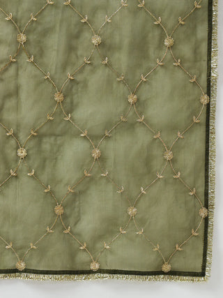 Green Silk Blend Suit Set with Embroidered Dupatta