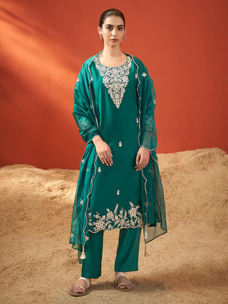 Green Silk Blend Schiffli Embroidered Suit Set with Organza Dupatta