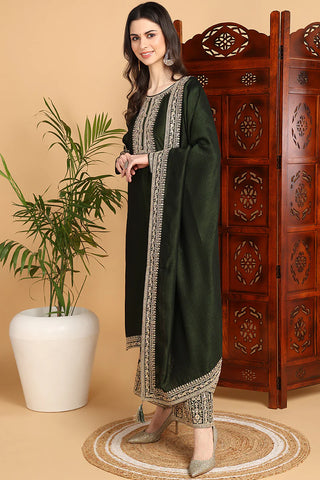 Green Silk Blend Embroidered Straight Shape Suit Set with Dupatta