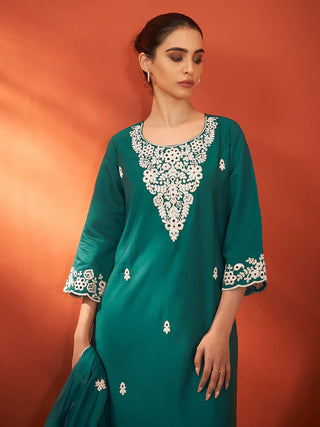 Green Silk Blend Schiffli Embroidered Suit Set with Organza Dupatta