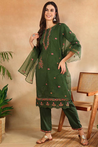 Green Silk Blend Embroidered Straight Shape Suit Set with Organza Dupatta