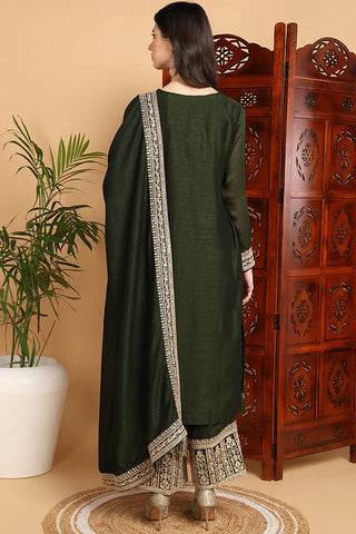 Green Silk Blend Embroidered Straight Shape Suit Set with Dupatta