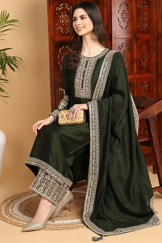 Green Silk Blend Embroidered Straight Shape Suit Set with Dupatta