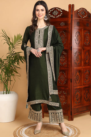 Green Silk Blend Embroidered Straight Shape Suit Set with Dupatta