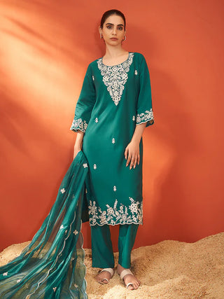 Green Silk Blend Schiffli Embroidered Suit Set with Organza Dupatta