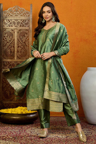 Green Silk Blend Ethnic Motif Printed Suit Set with Dupatta