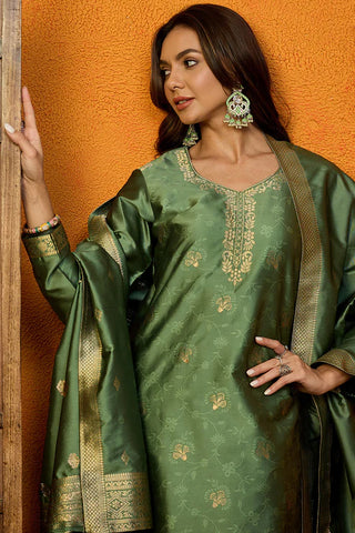 Green Silk Blend Ethnic Motif Printed Suit Set with Dupatta