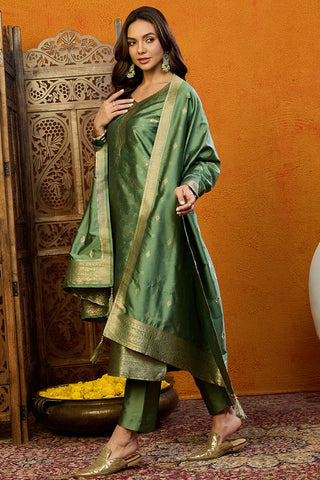 Green Silk Blend Ethnic Motif Printed Suit Set with Dupatta