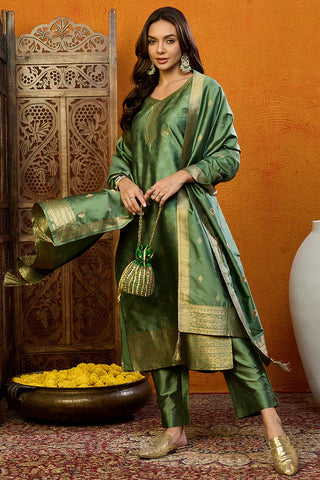 Green Silk Blend Ethnic Motif Printed Suit Set with Dupatta